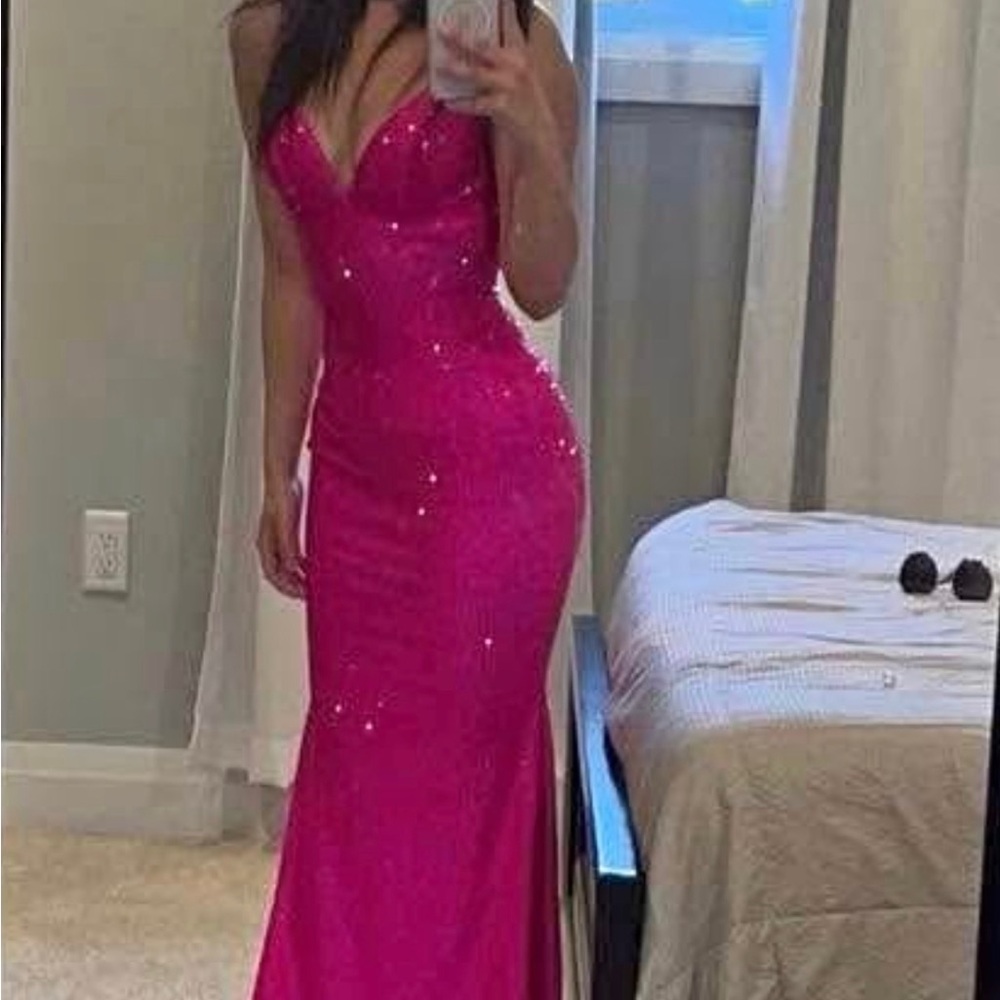 Fuchsia Sequin V-Neck Evening Gown